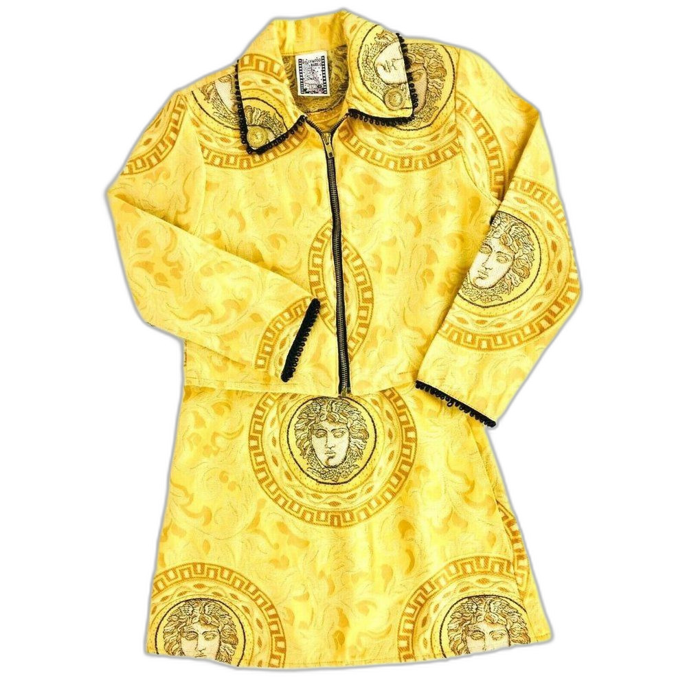 Vintage 90s Hollywood Babe Gold Medusa Faces Medallion Skirt Set Pageant Wear